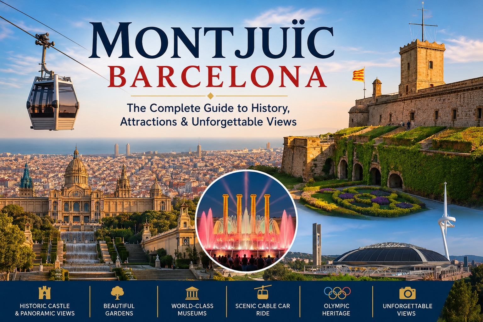 Montjuïc Barcelona featuring Montjuïc Castle, cable car, MNAC, Magic Fountain, Olympic Park, and panoramic city views.